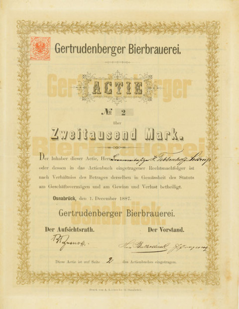 Aktie der "Gertrudenberger Bierbrauerei", 1887